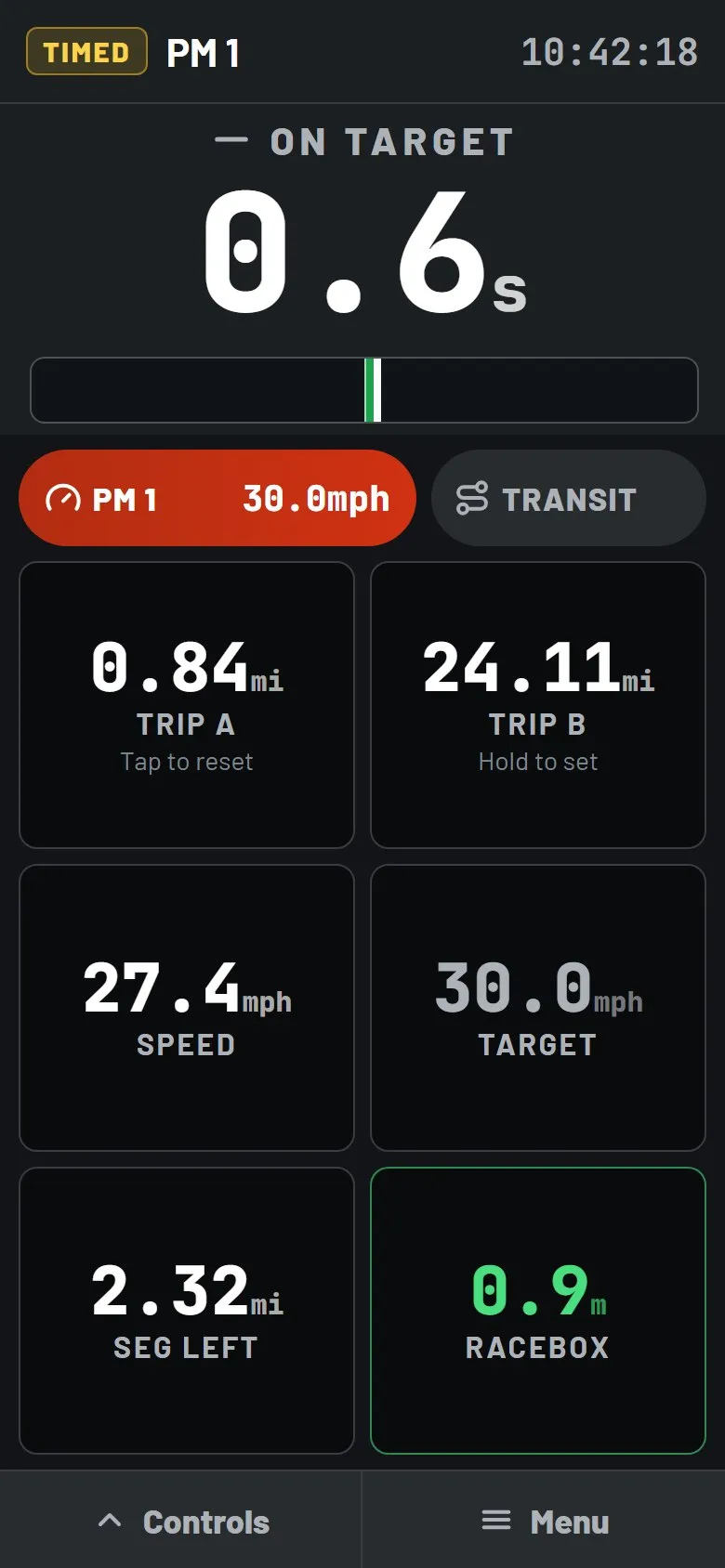 Crono107 average-speed trial screen showing On target, 0.6 seconds, with trip distances, speed, target average and RaceBox accuracy